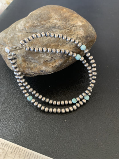 Navajo Sterling Silver Beads Blue Turquoise Bracelet 2 Strand 10083
