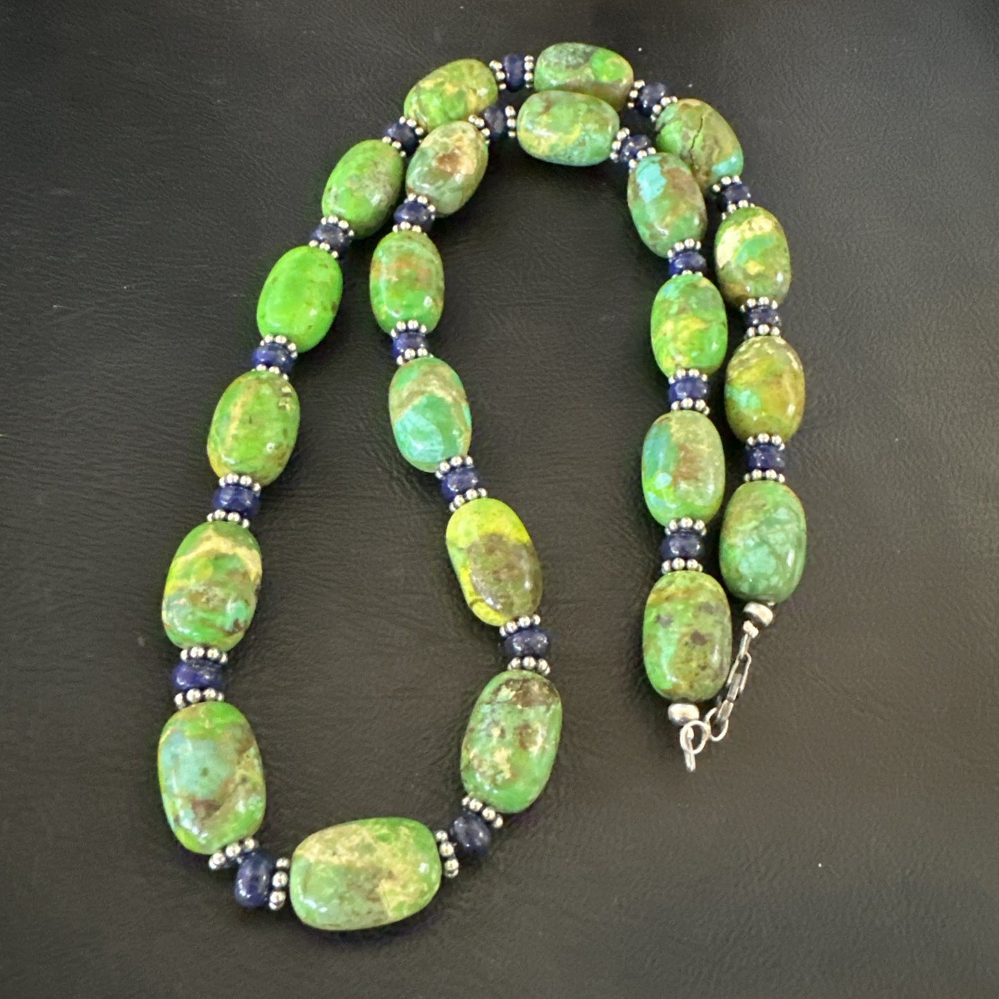 Green Turquoise Lapis Nugget Southwestern Sterling Silver Necklace 22" 19249