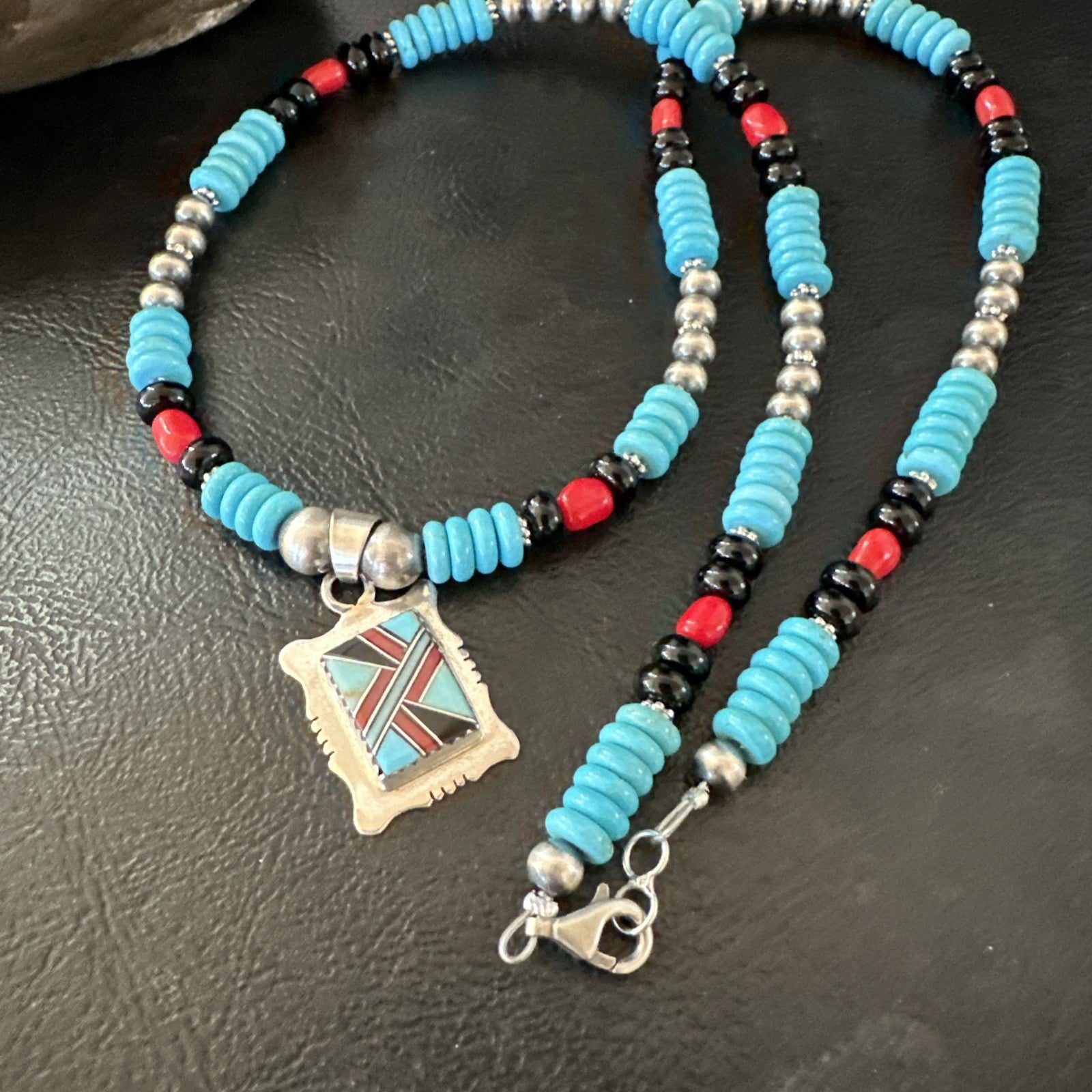 Multicolor Turquoise Coral Navajo Sterling Silver Inlay Pendant Necklace 19649