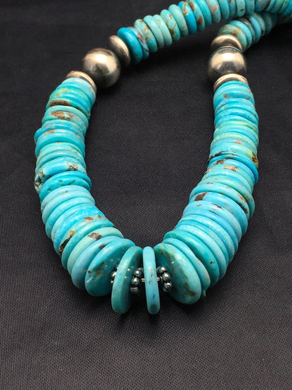 Turquoise Graduated Navajo Sterling Silver Necklace 18" 4046