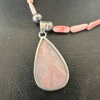 Southwestern Sterling Silver Pink Coral Bead Necklace Quartz Pendant 24" 19587
