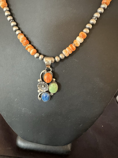 Orange Spiny Oyster Navajo Pearls Sterling Silver Necklace Pendant 19379