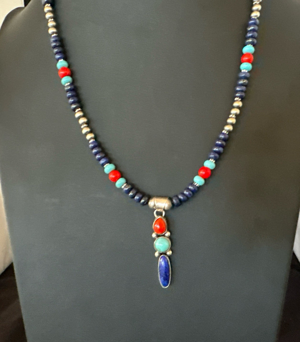 Multicolor Turquoise Spiny Navajo Sterling Silver Cluster Pendant Necklace 19647