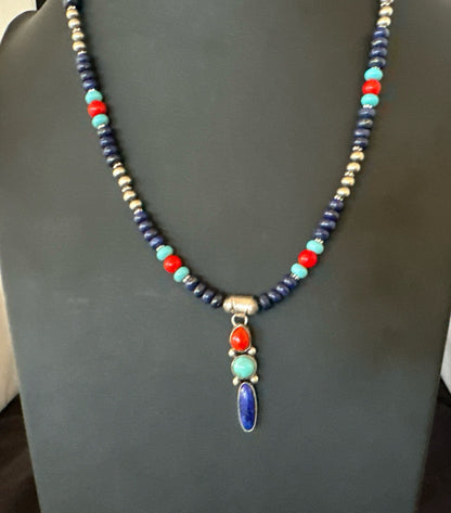 Multicolor Turquoise Spiny Navajo Sterling Silver Cluster Pendant Necklace 19647