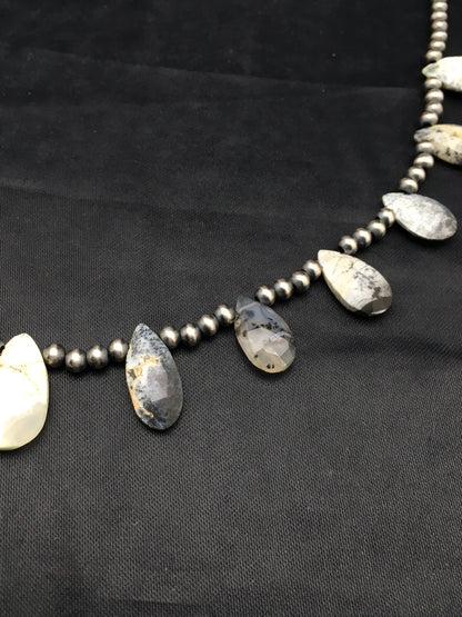 Black Rutile & Opal Pear Shaped Navajo Pearls Sterling Silver Necklace 04091