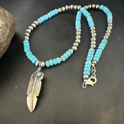 Mens Feather Turquoise Pendant Navajo Sterling Silver Necklace 18060
