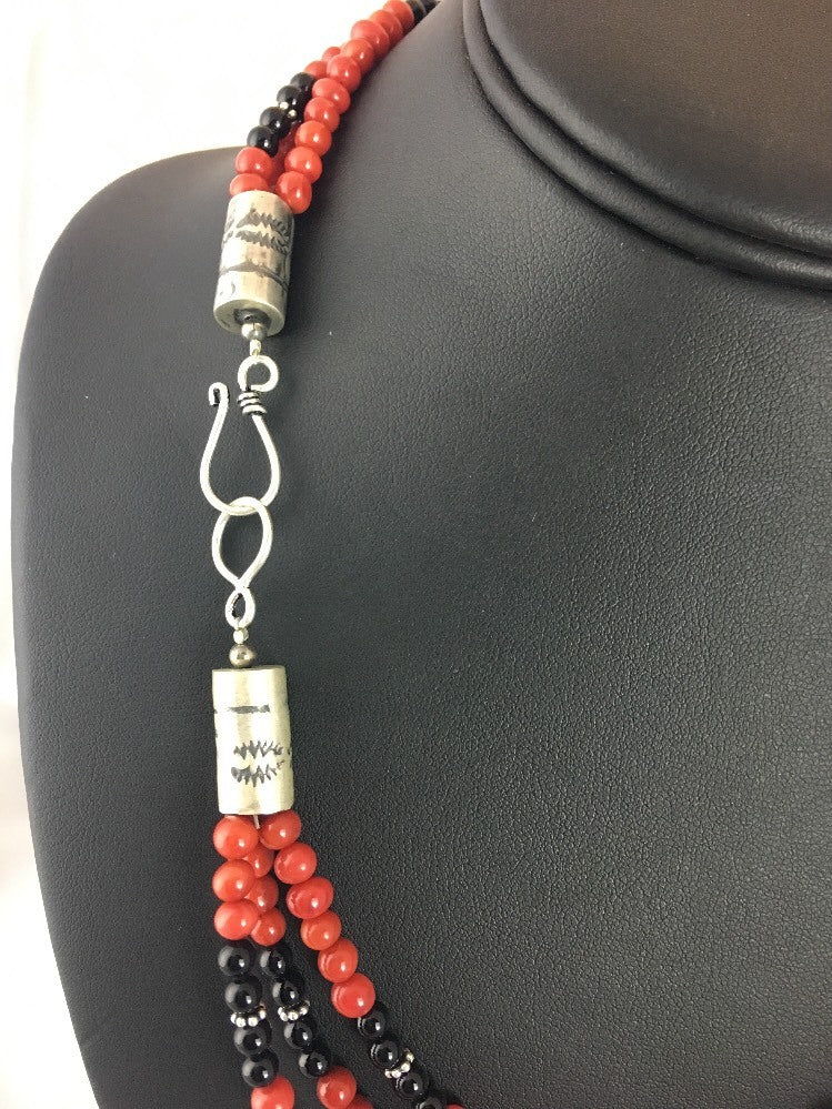 Red Bamboo Coral Black Onyx 3 Strand Sterling Silver Necklace 3246