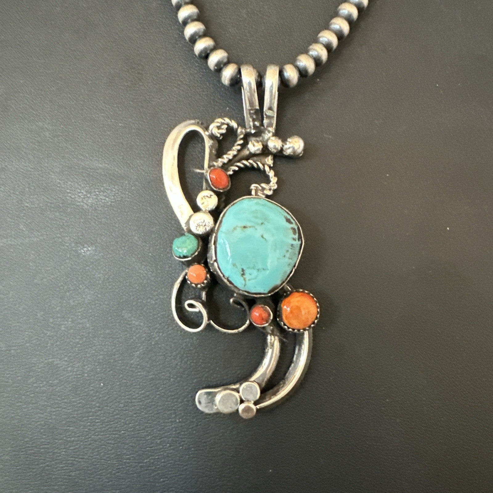 Multicolor Turquoise Spiny Navajo Sterling Silver Cluster Pendant Necklace 19683