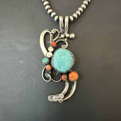 Multicolor Turquoise Spiny Navajo Sterling Silver Cluster Pendant Necklace 19683