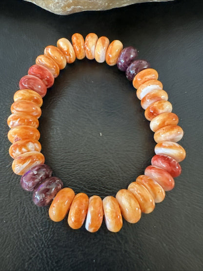 Orange Purple Spiny Oyster 12mm Bead Navajo Stretch Bracelet 19252