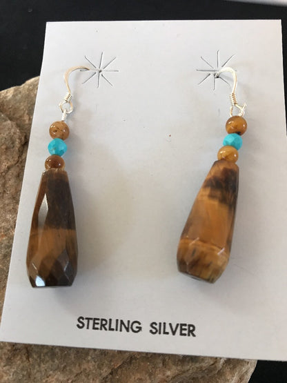 Tiger's Eyes Turquoise Faceted Navajo Sterling Silver Dangle Earrings 01995