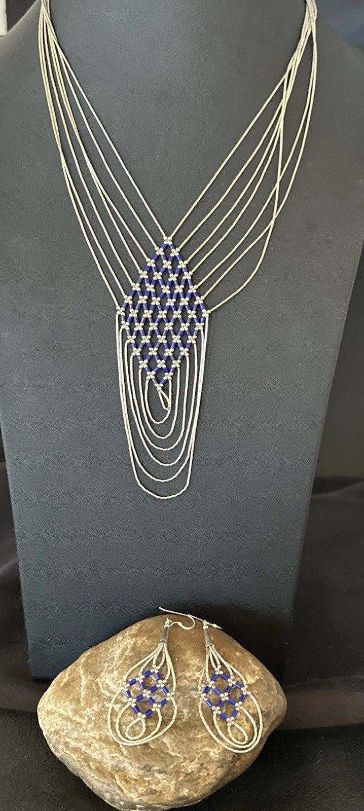 Lapis Heishi Tubes Pendant 7 Strand Sterling Silver Necklace Earrings 19753