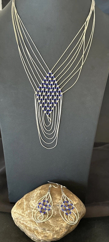 Lapis Heishi Tubes Pendant 7 Strand Sterling Silver Necklace Earrings 19753