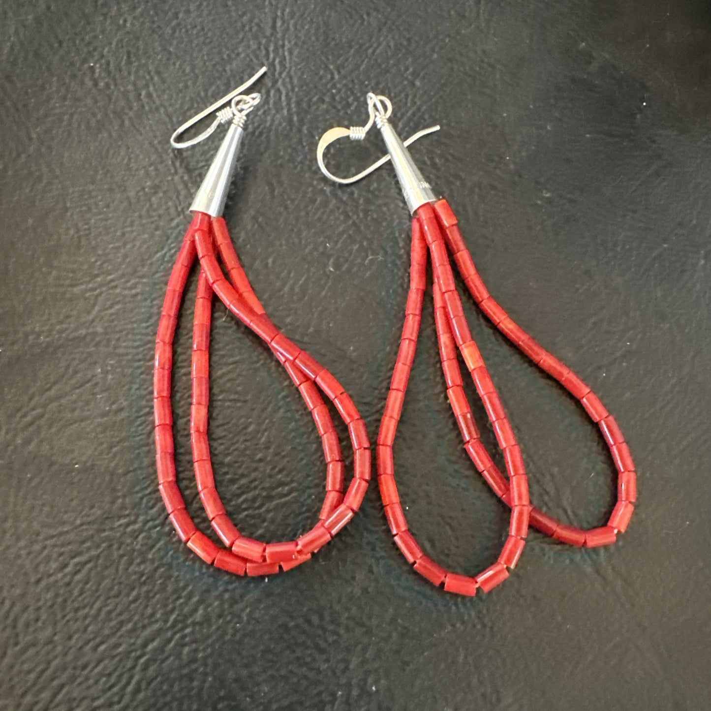 Apple Coral Tube Heishi Dangle Liquid Sterling Silver Earrings 2" 19042