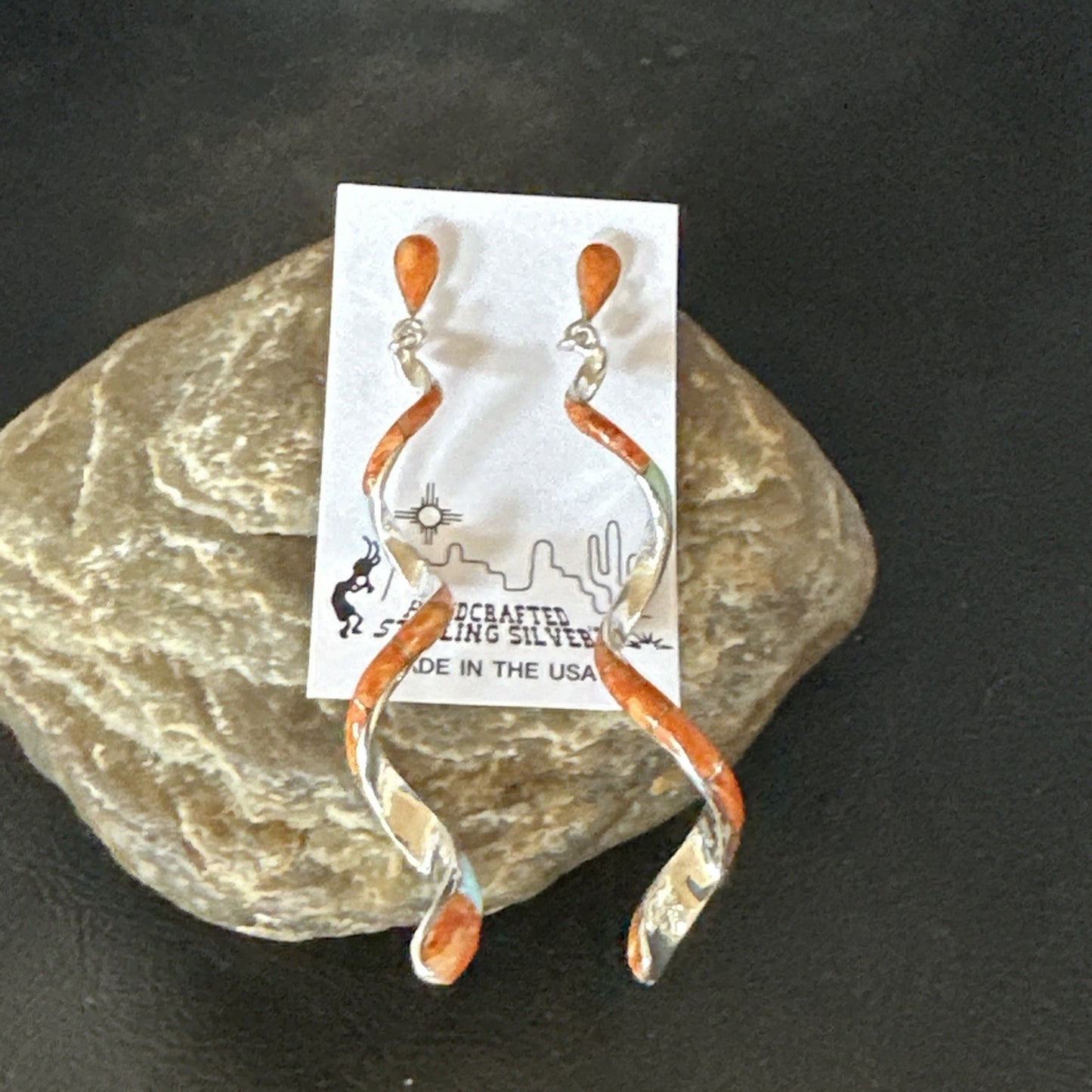 Orange Spiny Oyster Opal Sterling Silver Swirl Dangle Earrings 3" 19134