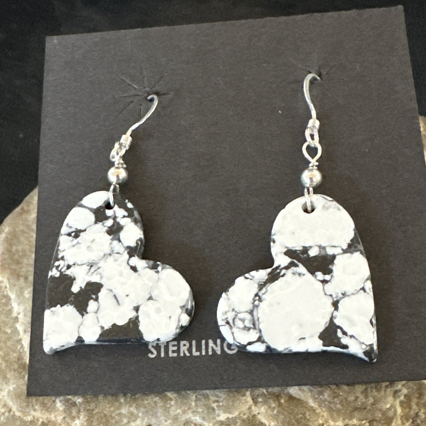 Heart Navajo Slab White Buffalo Turquoise Sterling Silver Earrings 17879