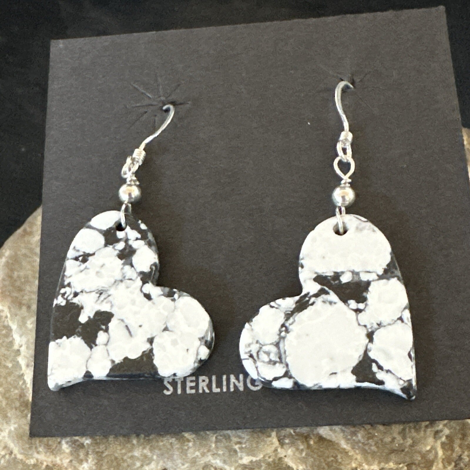 Heart Navajo Slab White Buffalo Turquoise Sterling Silver Earrings 17879