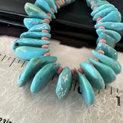 Mens Women Navajo Blue Turquoise Pink Coral Necklace Sterling Silver 28” 19746