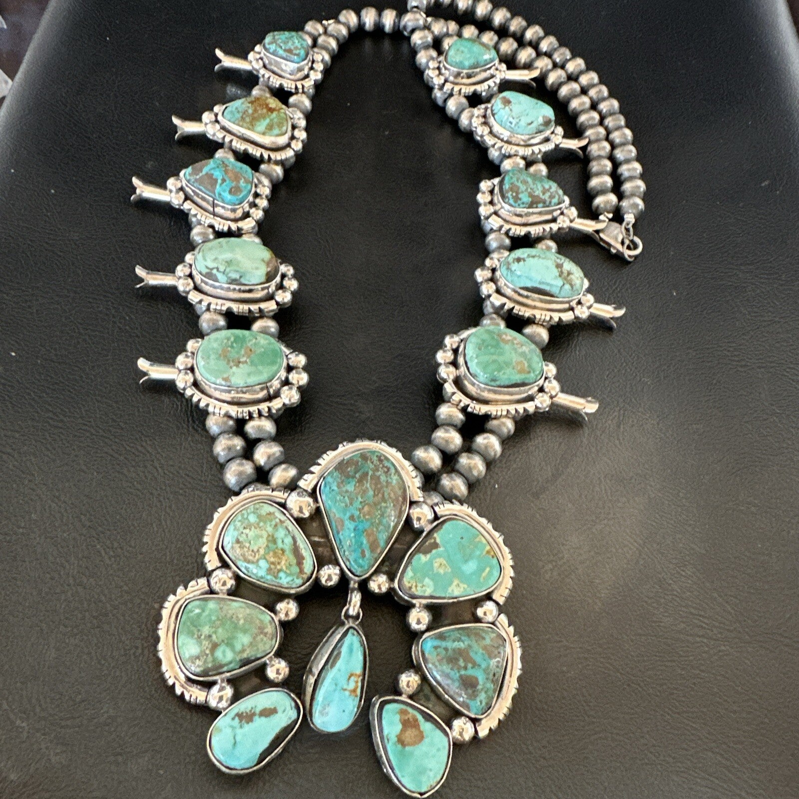 Green Royston Turquoise Navajo Squash Sterling Silver Naja Necklace 18236