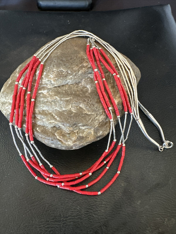 Red Coral Heishi Liquid 5S Necklace 20" | Sterling Silver | Authentic Native American Handmade | 17739