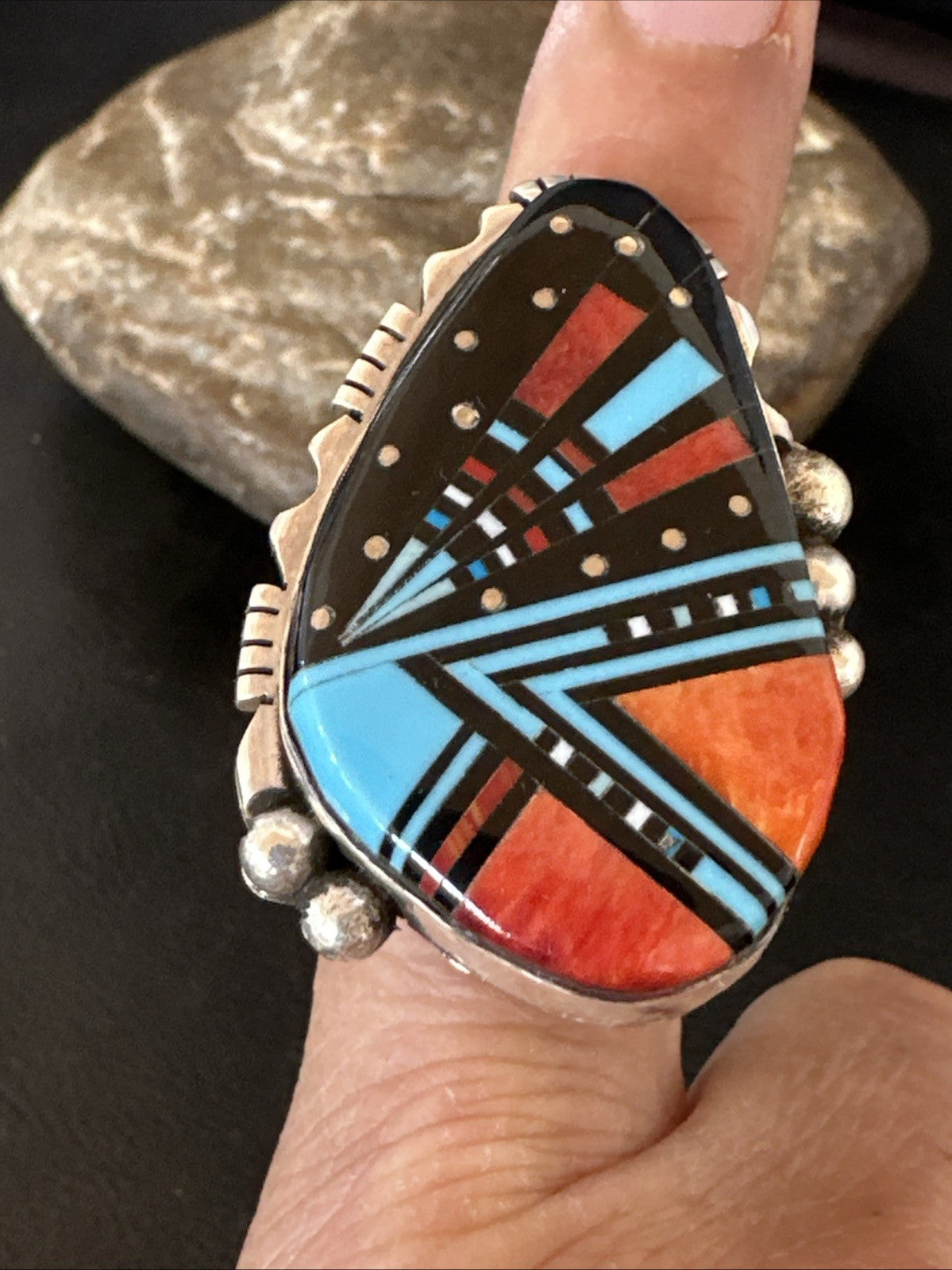 Cosmic Inlay Onyx Turquoise Spiny Navajo Sterling Silver Ring Size 9 19789