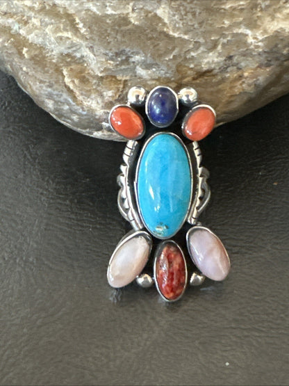 Cluster Blue Turquoise Spiny Oyster Onyx Sterling Silver Ring Size 8 18564