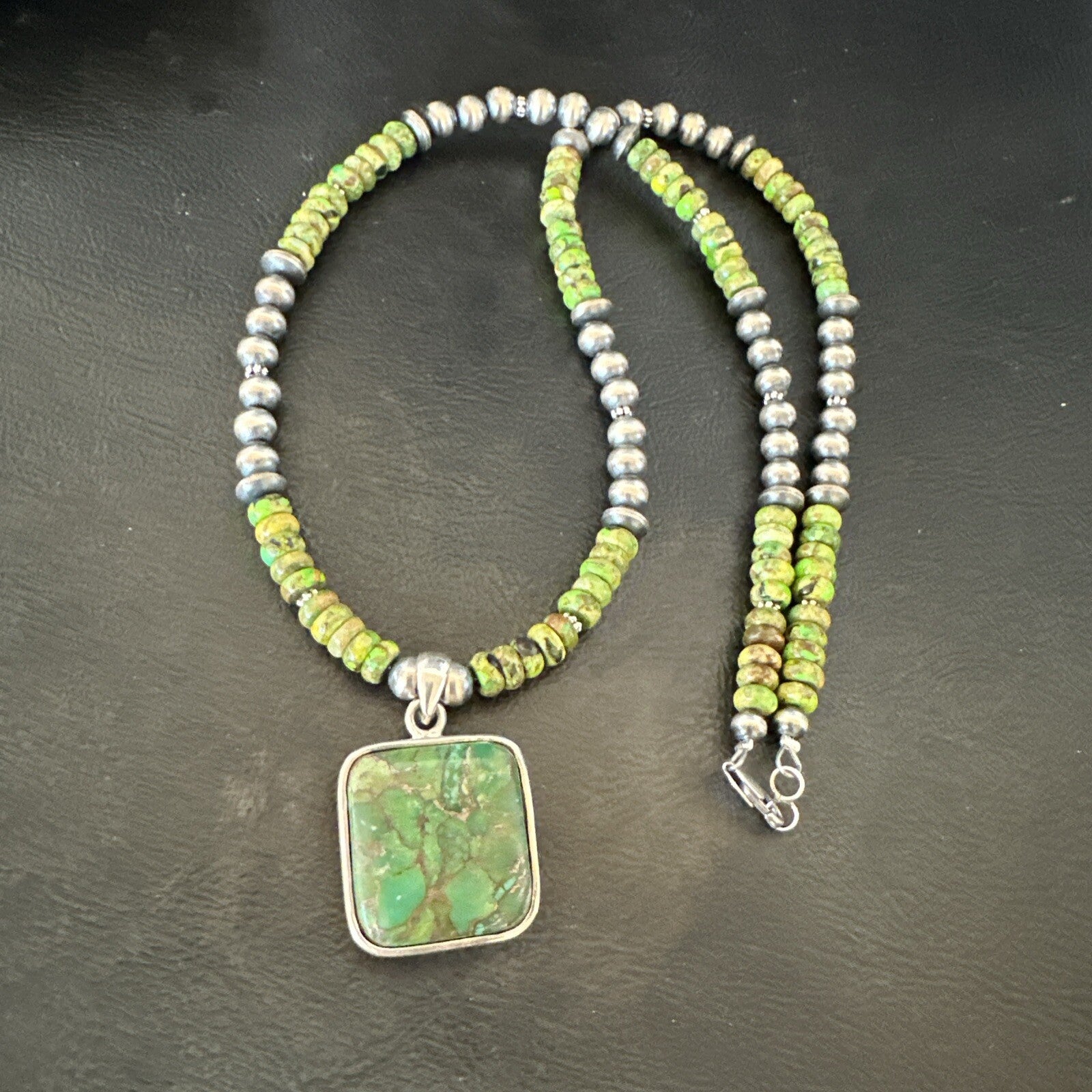 Womens Green Gaspeite Turquoise Pendant Navajo Sterling Silver Necklace 18368