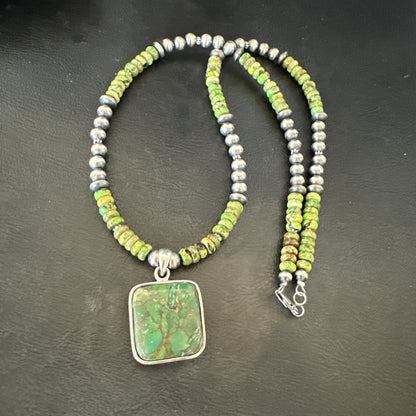Womens Green Gaspeite Turquoise Pendant Navajo Sterling Silver Necklace 18368