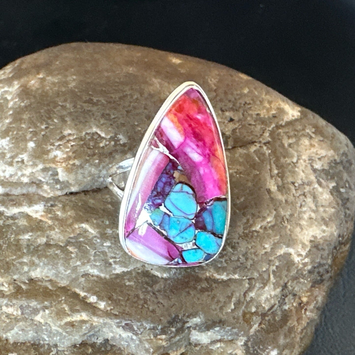 Blue Turquoise Spiny Oyster Navajo Sterling Silver Ring Size 7 18254