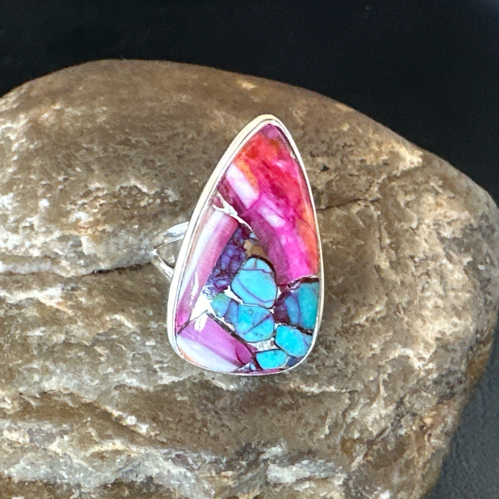 Blue Turquoise Spiny Oyster Navajo Sterling Silver Ring Size 7 18254