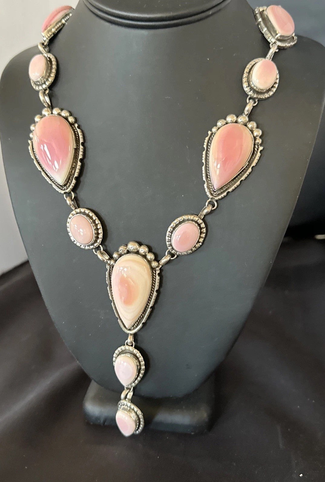 Pink Queen Conch Lariat Necklace Navajo Sterling Silver Pendant 28" 19334