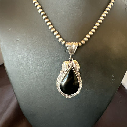 Mens Womens Black Onyx Pendant Navajo Sterling Silver Beads Necklace 18352