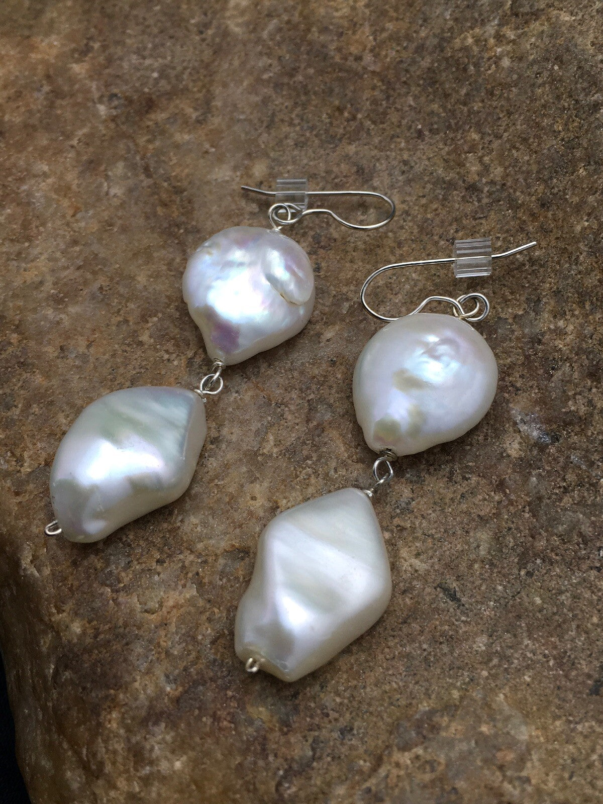 Beautiful White Sterling Silver Freshwater Pearl Dangle Earrings 1.5" 03078