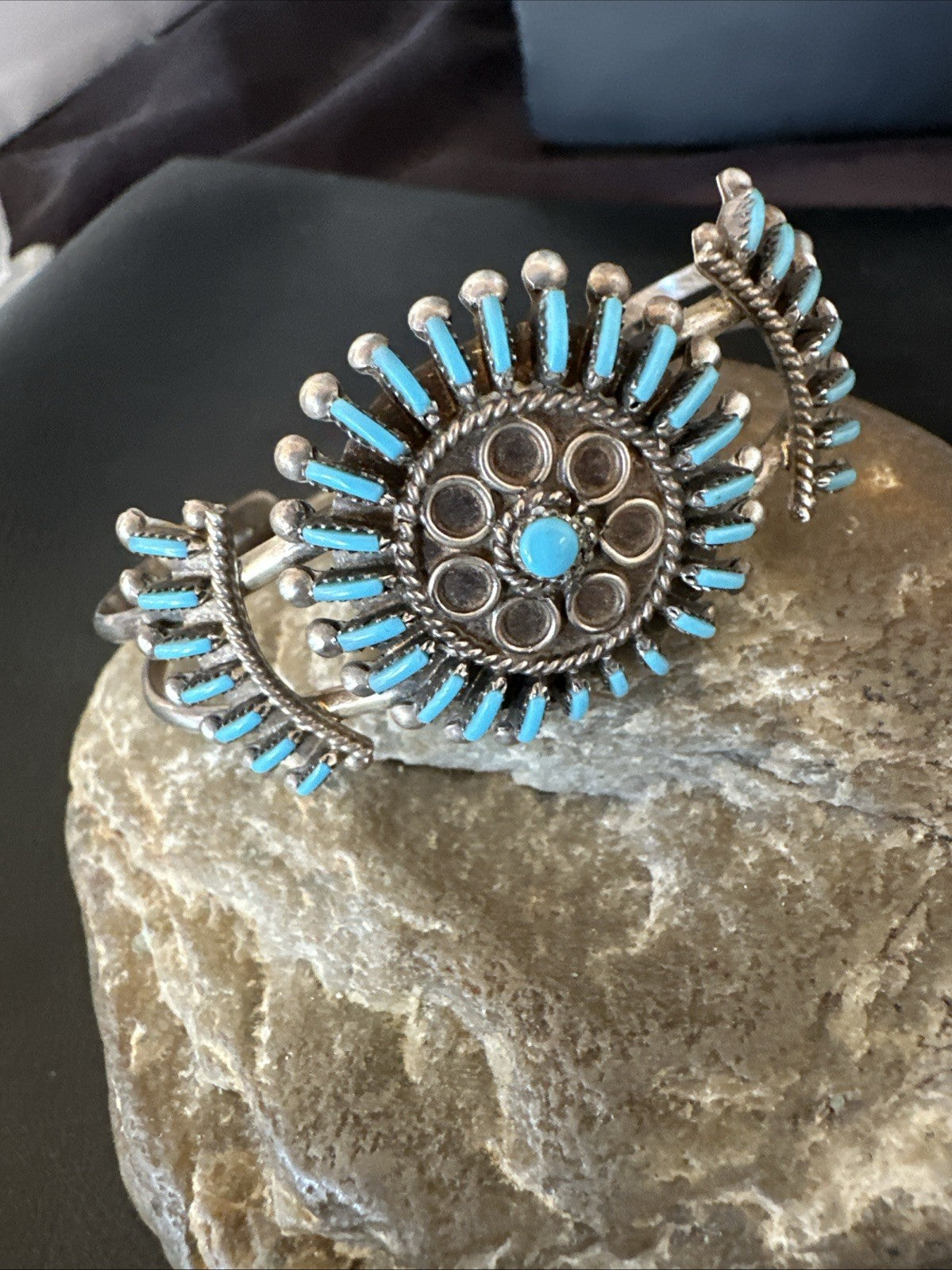 Blue Turquoise Native American Zuni Sterling Silver Cluster Cuff Bracelet 12151