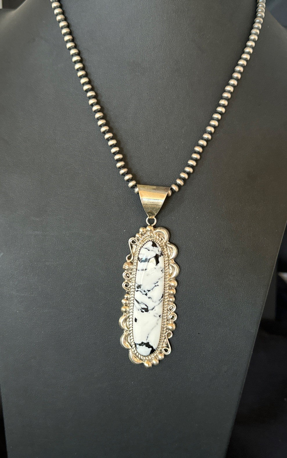 XXL White Buffalo Turquoise Pendant Navajo Sterling Silver Necklace 4" 19759