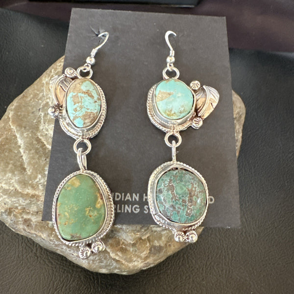 Green Royston Turquoise Navajo Dangle Earrings | Sterling Silver | Authentic Native American Handmade | 19602