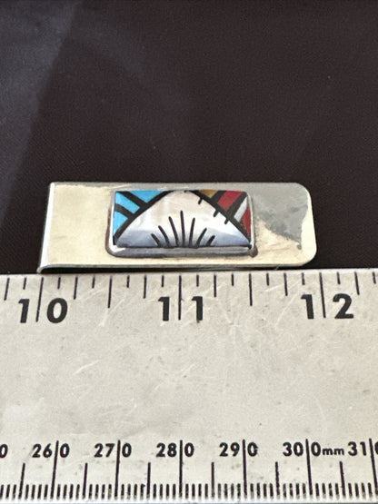 A Zuni Mens Turquoise Spiny Inlay Stainless Sterling Silver Money Clip 17836