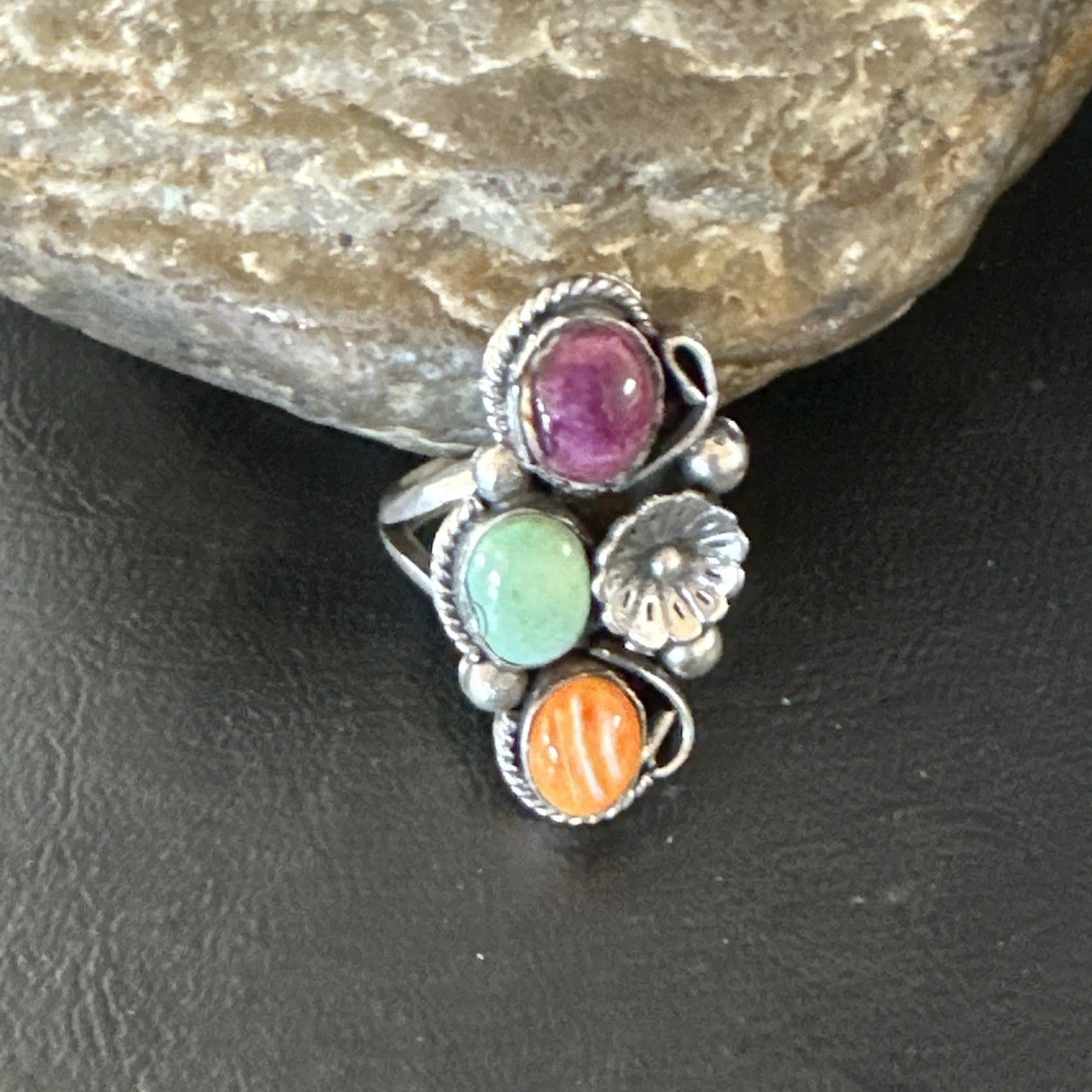 Multicolor Ring Turquoise Spiny Navajo Sterling Silver Cluster Size 9 19174