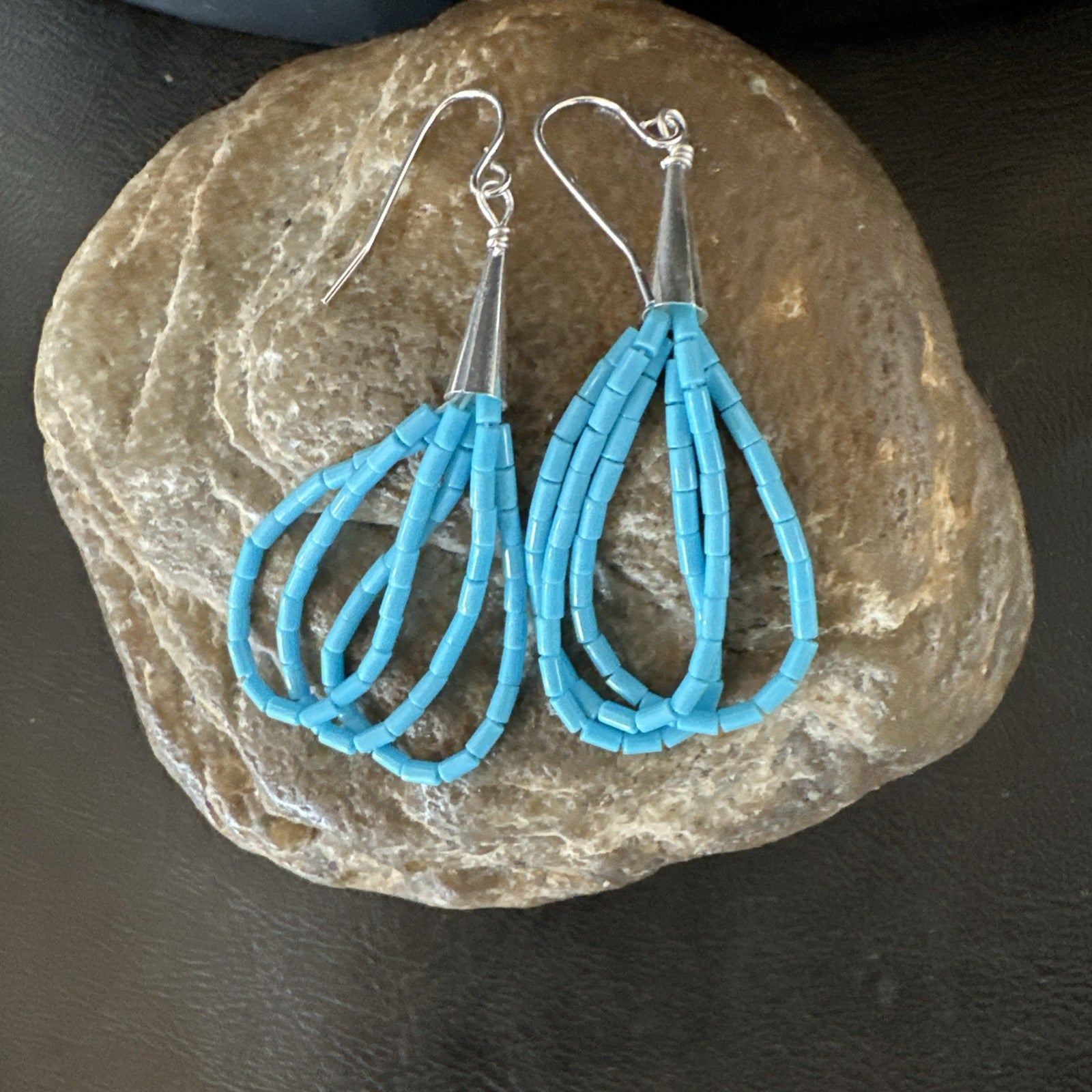Blue Turquoise 3 Strand Sterling Silver Heishi Dangle 2” Earrings 18196