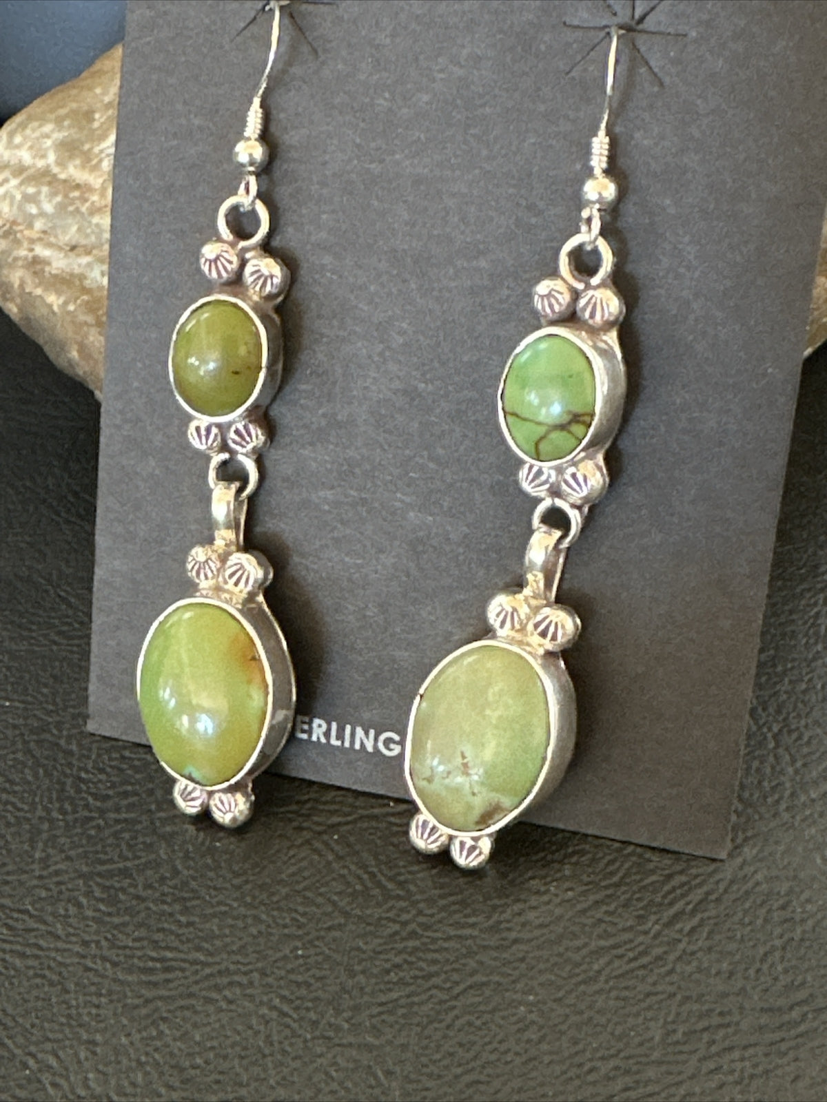 Native Navajo Green Turquoise Sterling Silver Dangle Earrings 2” 17698