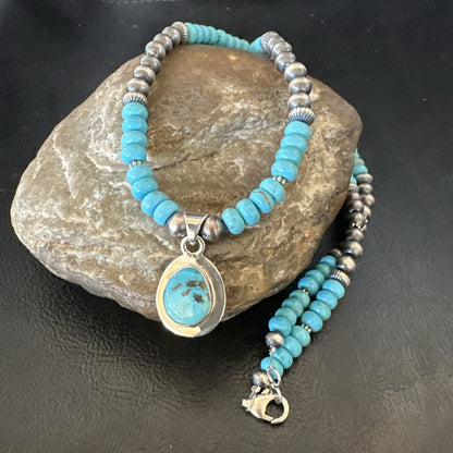 WoMens Blue Kingman Turquoise Pendant Navajo Sterling Silver Necklace 21" 18424