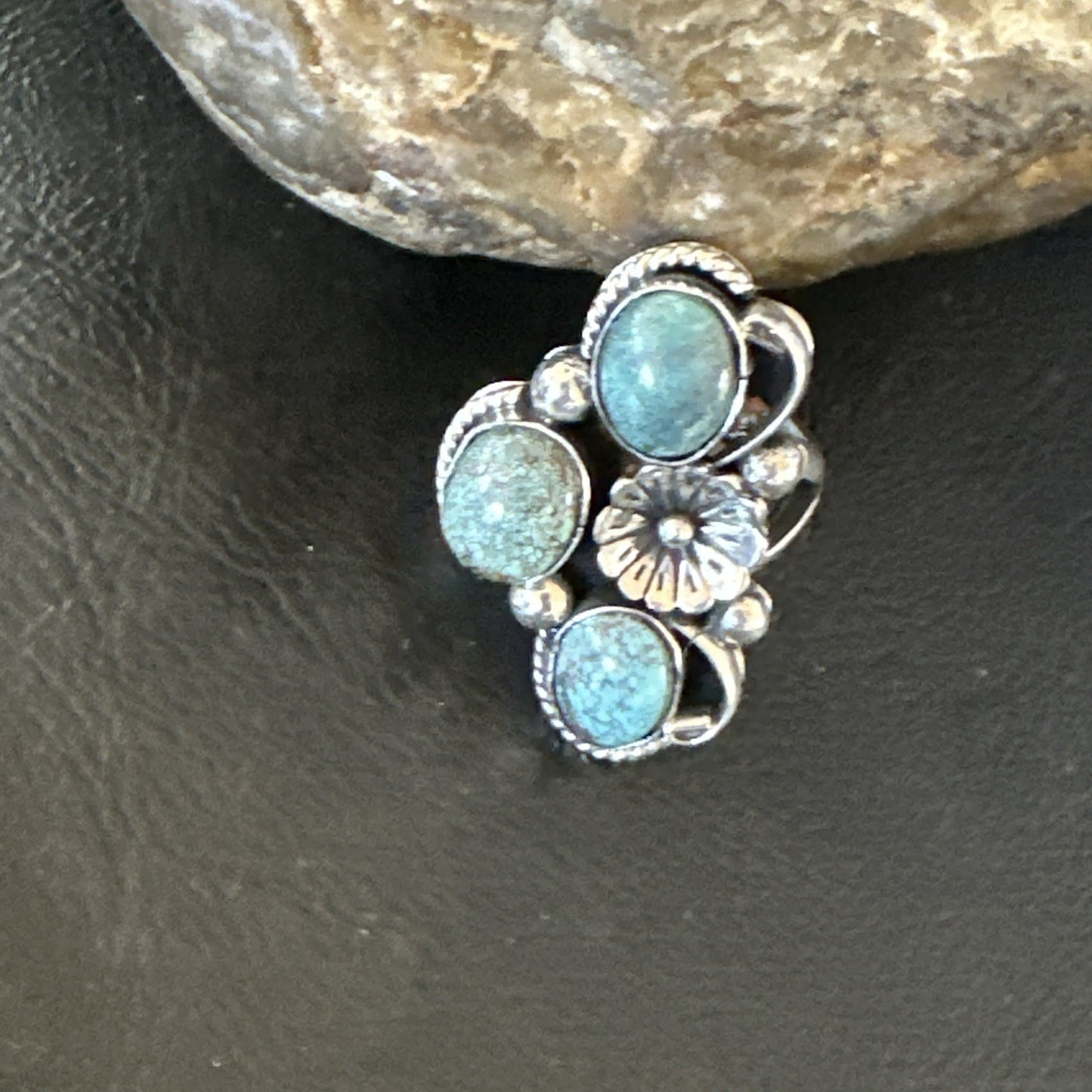 Yazzie Ring Blue Turquoise Navajo Sterling Silver Cluster Size 8 19239