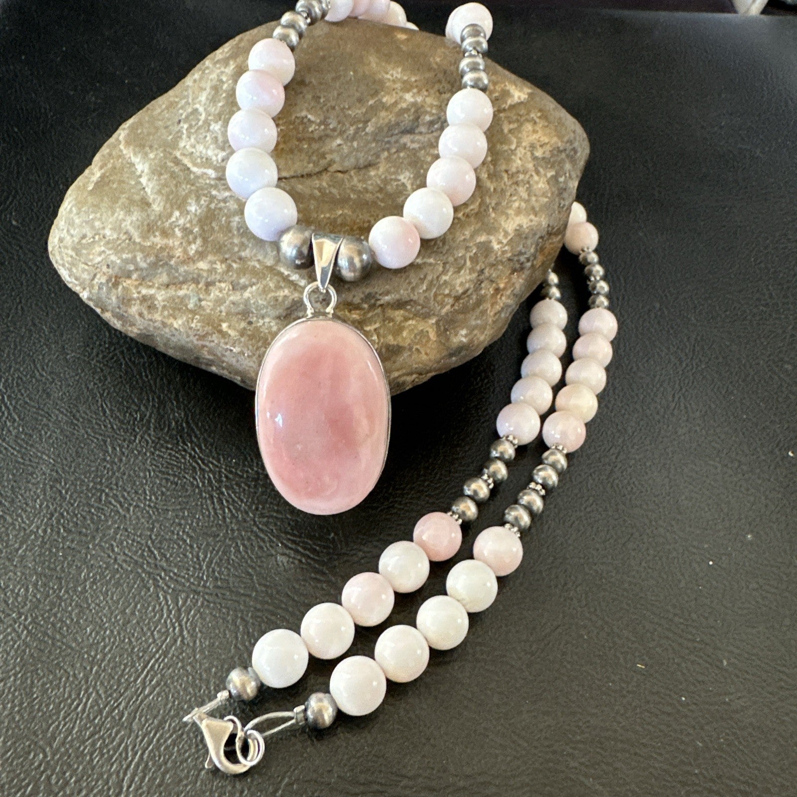 Southwestern Sterling Silver Pink Queen Conch Bead Necklace Pendant 20" 19580
