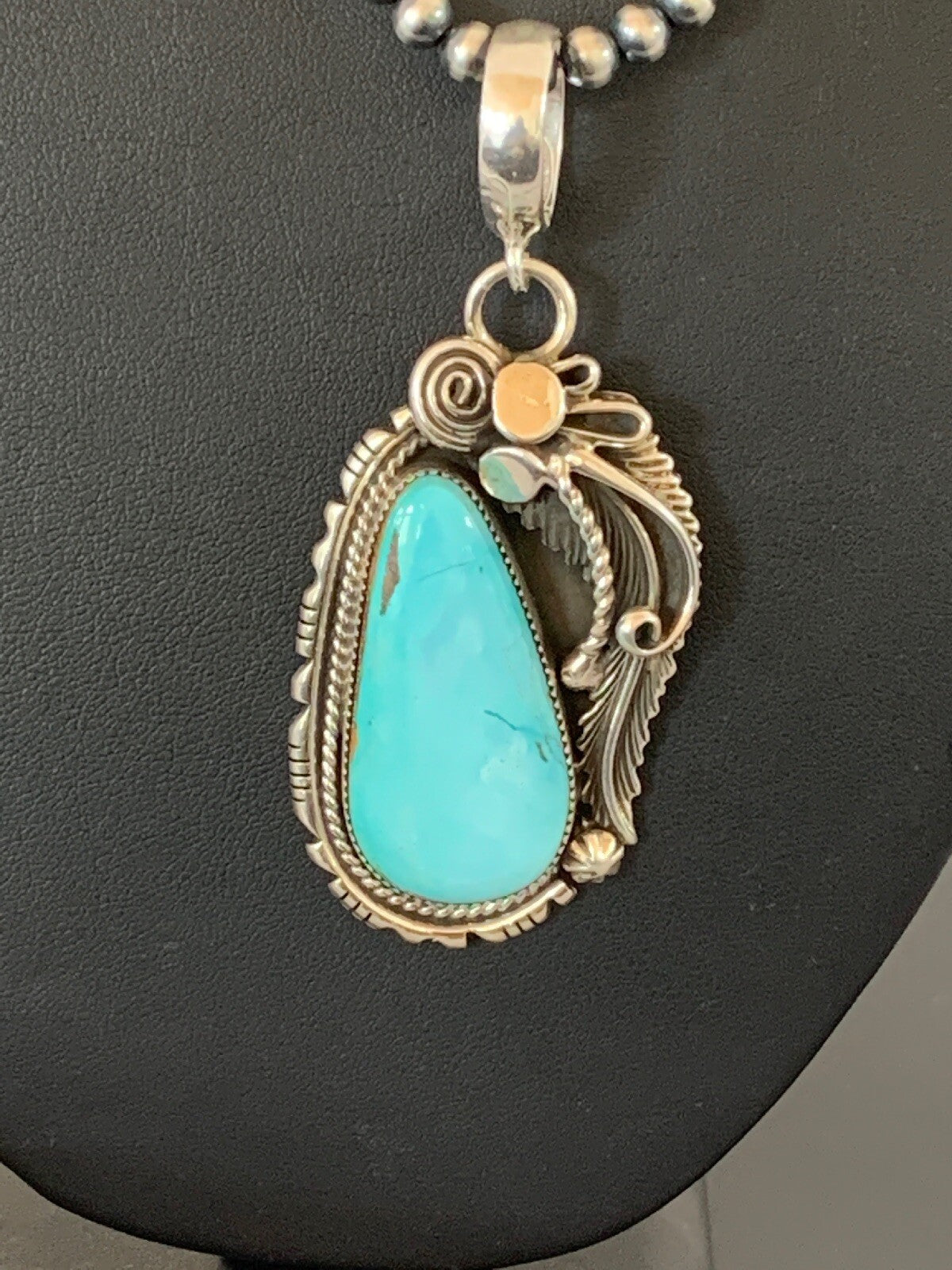 Royston Turquoise Pendant Navajo Sterling Silver Beads Necklace 08735