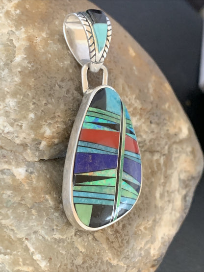 Womens Blue Turquoise Coral & Opal Navajo Sterling Silver Inlay Pendant 12493