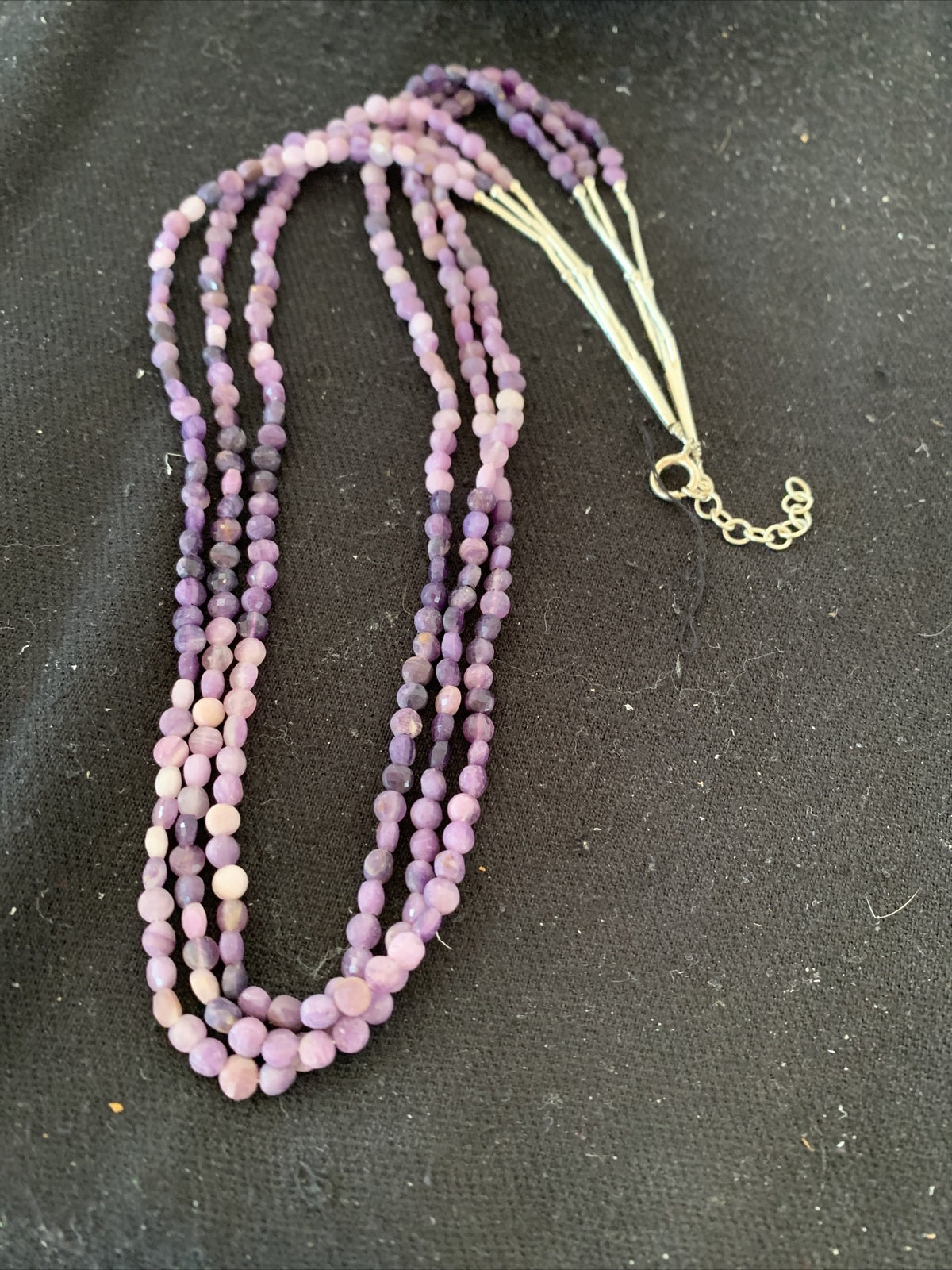 Purple Stone Beads Liquid Heishi 3 Strands Sterling Silver Tubes Necklace 850