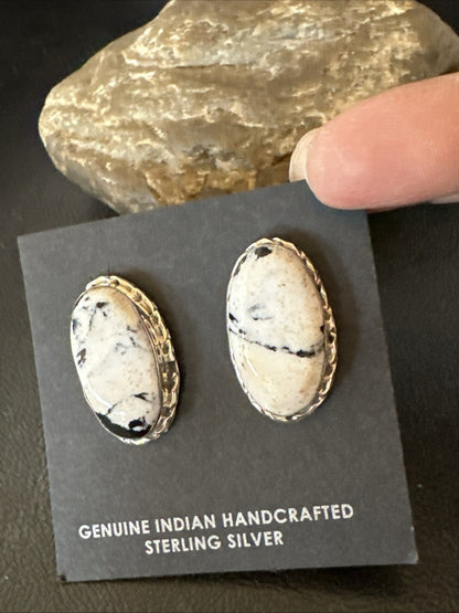 Women White Buffalo Turquoise Navajo Sterling Silver Post Earrings 19095