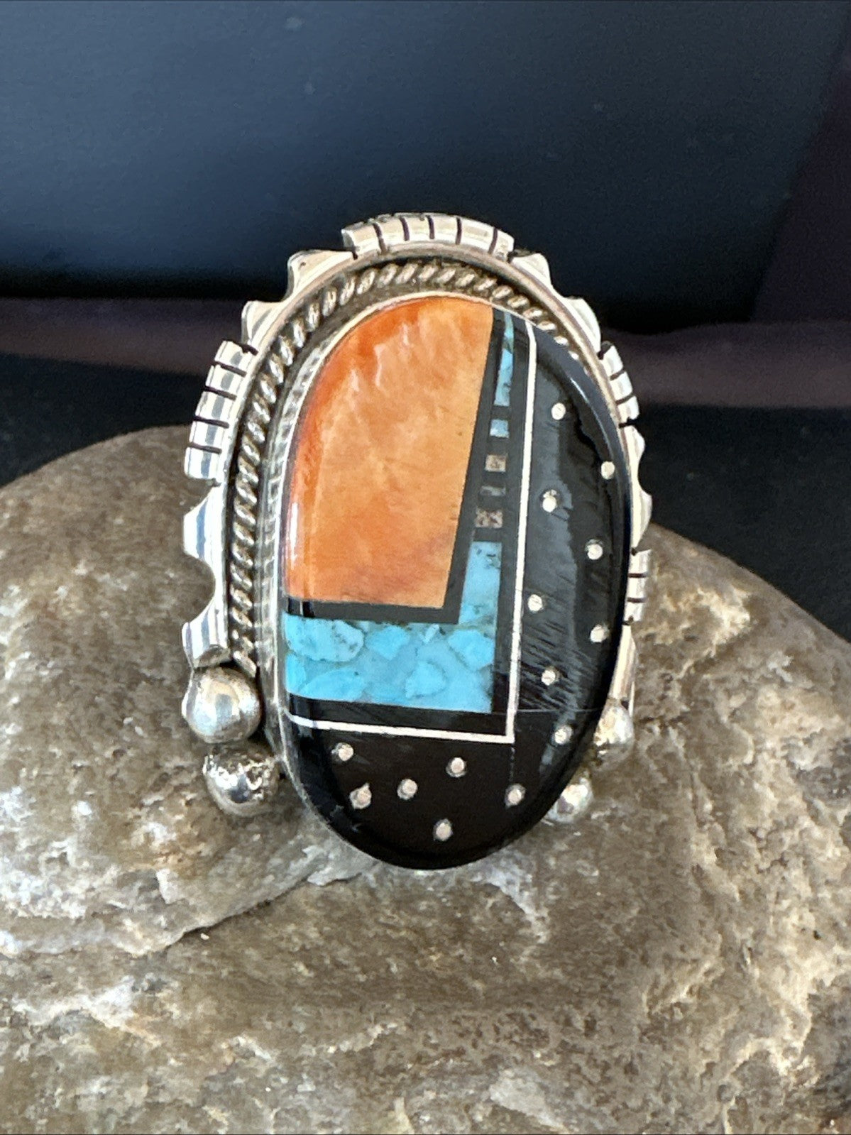 Onyx Turquoise Spiny Navajo Cosmic Inlay Sterling Silver Ring Size 9 19788
