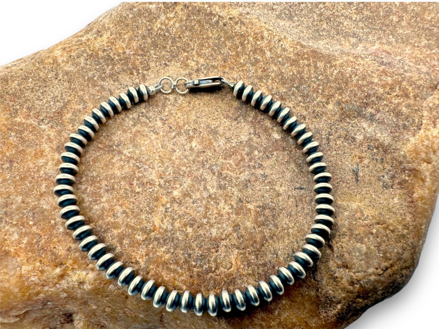 Navajo Sterling Silver Beads Rondelles Saucer Flat Bead Bracelet 4mm 8” 97408