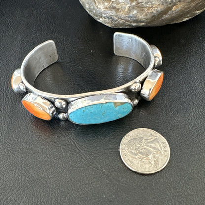 Orange Spiny Turquoise 5 Stone Sterling Silver Navajo Cuff Bracelet 7.7" 19479